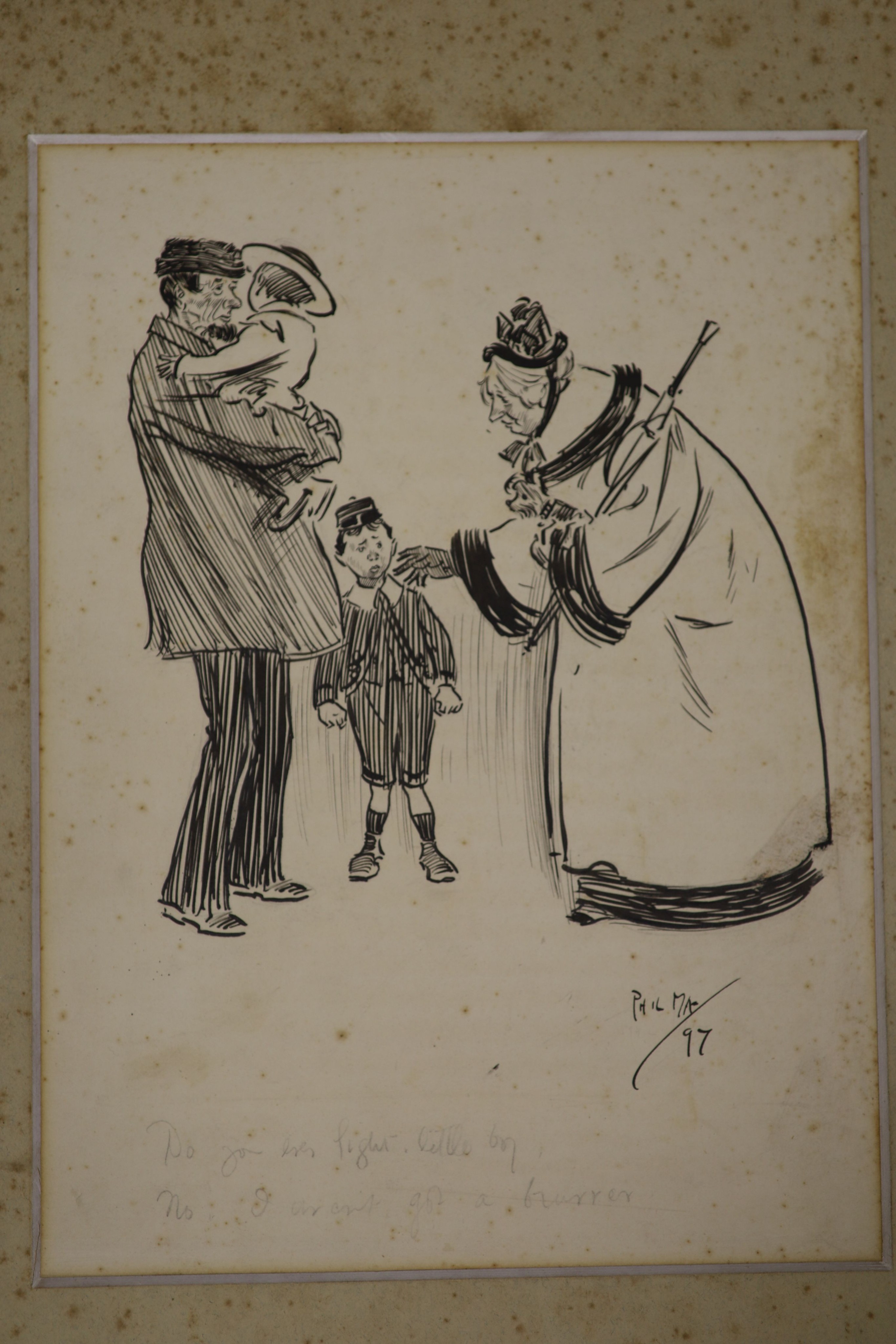 Phil May (1864-1903), three original pen and ink cartoons, 'The New Play 1902', 'Test Your Sight 1894' and 'Boy with Old Lady 1897', largest 30 x 22cm, all unframed